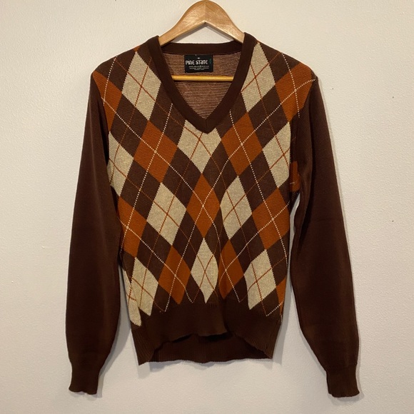 Vintage 80s Pine State Argyle V-Neck Sweater - Picture 1 of 4